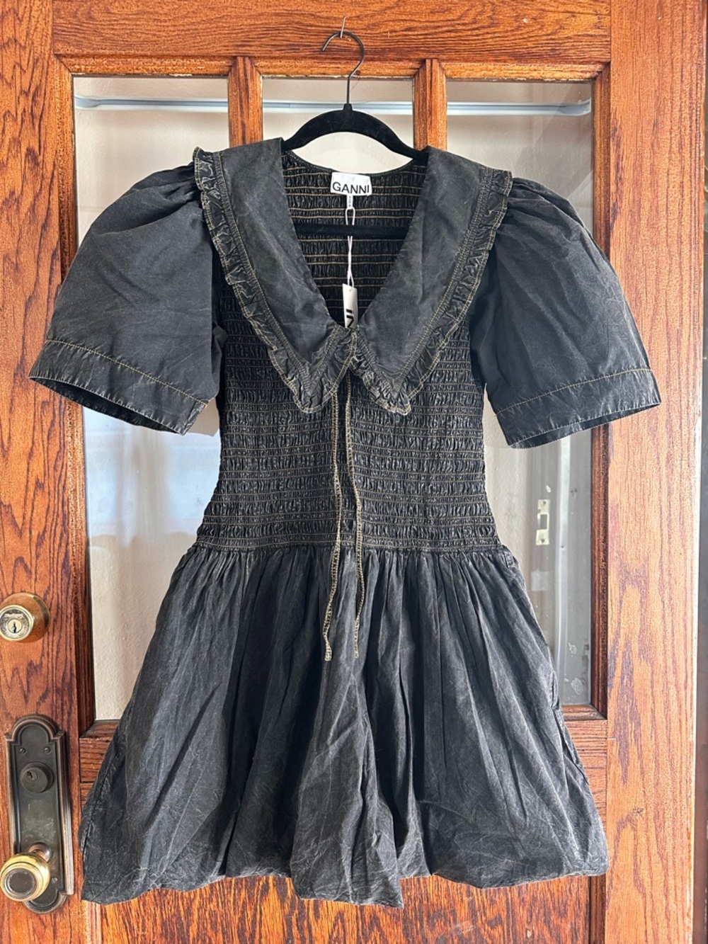 Ganni Black Metallic-Gray Smocked Neckline Dress